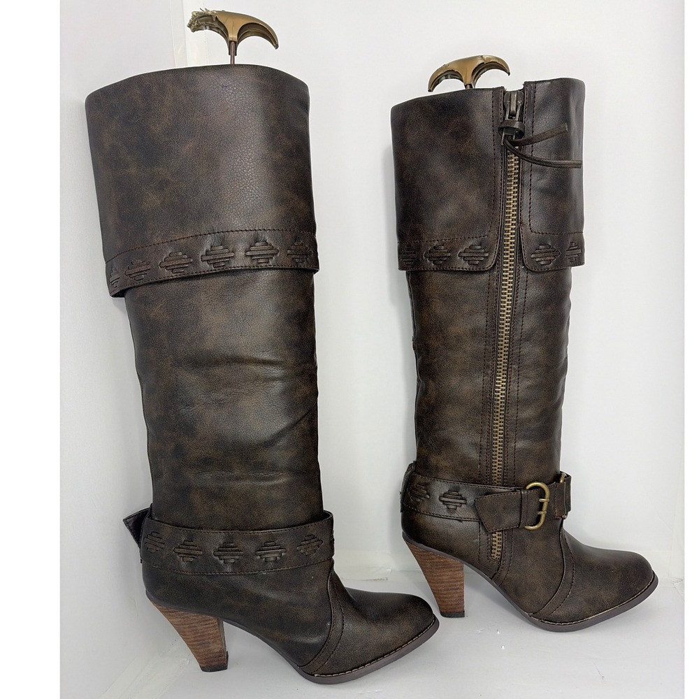 Not Rated Women Brown Distressed Faux Leather Knee High Boots Size 8.5
